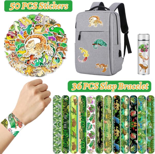 86PCS Reptile Party Favors 50PCS Reptile Stickers 36PCS Reptile Slap Bracelets Alligator Lizard Gecko Snake Turtle Snap Bracelet Reptile Stickers for Kids Reptile Party Supplies Decorations Gifts - Image 3