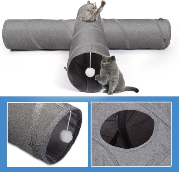 Ownpets Cat Tunnel, Cross 4 Way Pet Tunnel with Sturdy Oxford Fabric, Foldable and Resistant to Tearing, Featuring Multiple Exits, Hanging Ball and Teaser Wand,Grey - Image 8