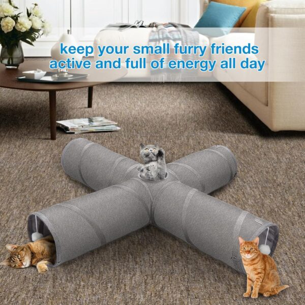 Ownpets Cat Tunnel, Cross 4 Way Pet Tunnel with Sturdy Oxford Fabric, Foldable and Resistant to Tearing, Featuring Multiple Exits, Hanging Ball and Teaser Wand,Grey - Image 2