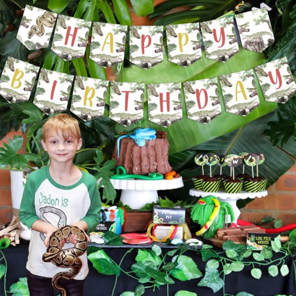 Fangleland Reptile Happy Birthday Banner Decorations - Reptile Themed Hanging Decors Bday Celebration Party Supplies, Snake Alligator Lizard Banner for Boy’s First 2nd Birthday Party - Image 3