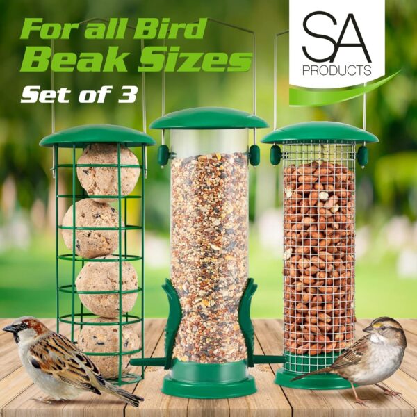 SA Products 3-Pack Metal Bird Feeder - Squirrel-Proof Hanging Bird Feeder Station for Garden, Backyard, Lawn - Set of Tube, Dense Mesh, Coarse Mesh Wild Bird Feeders for Nuts, Seeds, Fat Balls - Green - Image 2