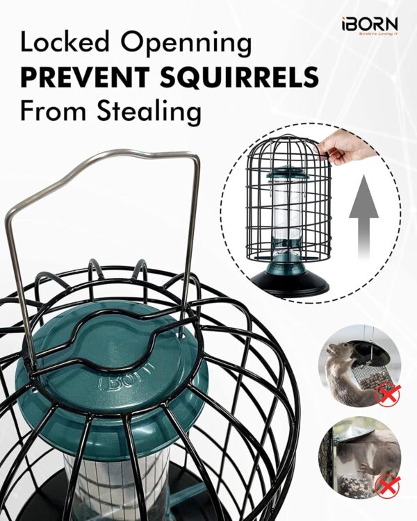 iBorn Squirrel Proof Bird Feeder with Squirrel, Pestoff Hanging Wild Bird Seed Feeder for Mix Seed Blends, Sunflower Heart, Birdbath, Heavy Duty All Metal Anti-UV Finishing, Green 8 Inch - Image 6