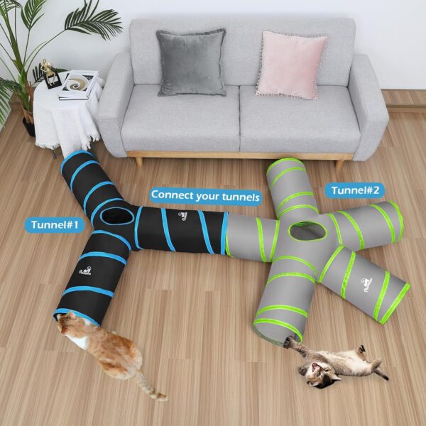 Pawaboo Cat Toys, Cat Tunnel Tube 5 Way Tunnels 25x53cm Extensible Collapsible Cat Play Tent Interactive Toy Maze Cat House with Balls and Bells for Cat Kitten Kitty Rabbit Small Animal, Grey+Green - Image 3