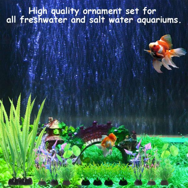 Aquarium Ornament Plants with Resin Arch Bridge, 13pcs Green Aquariums Plants Plastic and Aquarium Decorative Pavilion Tree Bridge for Fish Tank Ornament Decoration - Image 6