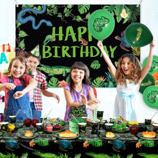 Reptile Birthday Party Supplies, Including Happy Birthday Backdrop, Plate, Napkins, Balloons, Cups ,Cake Topper, Tablecloth, for Baby Shower Decorations Kids Boys Girls (Backdrop) - Image 7