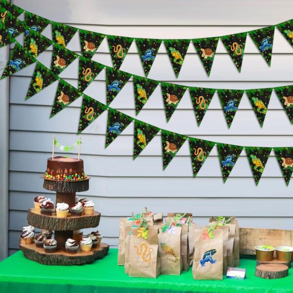 JOYMEMO 3 Pieces Reptile Pennant Banners - Pre-Strung Reptile Triangle Flag Party Decorations, Safari Animals Theme Wildness Snake Lizard Frog Turtle Birthday Party Supplies - Image 3