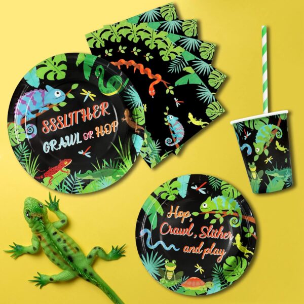 Reptile Party Supplies Decorations, Jungle Lizard and Snake Theme Birthday Paper Plates and Napkins Set with Cups and Straws for 24 Guests, 120 Pcs Disposable Party Dessert Dinnerwares - Image 3