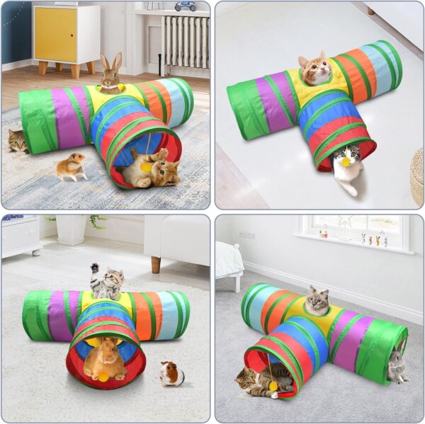 ERKOON 3-Way Rabbit Tunnel, Rabbit Cat Play Tunnel, 25cm Colorful Collapsible Cat Rabbit Pop-up Tunnel Tube with Funny Cat Pompon Maze House for Cat, Rabbit, Guinea Pigs, Hamster, Kitten, Puppy ect - Image 3
