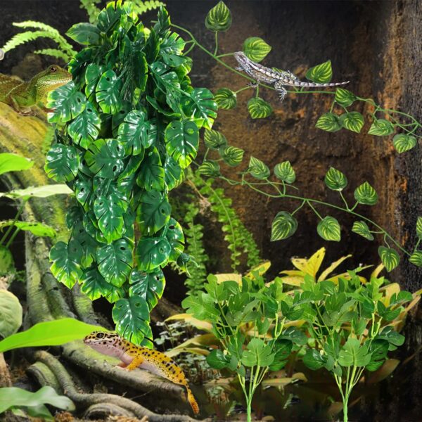 QUOZUO Reptile Hanging Plants Terrarium Fake Monstera Hanging Plants Vines Artificial Leaves Reptile Hide with Suction Cup, Leopard Gecko Tank Accessories for Bearded Dragon Lizard Snake - Image 5
