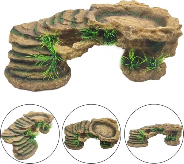 Hamiledyi Turtles Basking Platform 3Pcs Resin Bearded Dragons Climbing Step Ramp Tortoise Resting Dock Rock Hideout with Feeder Bowls for Reptile Lizards Chameleons Geckos Frogs Newts Snakes - Image 3
