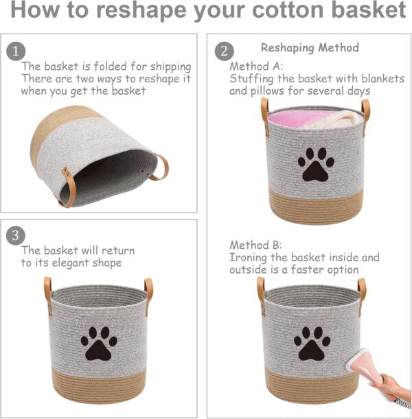 Cotton rope dog toy basket, puppy toy basket, puppy bins, laundry basket blanket storage bin - Perfect for organizing pet toys, blankets, leashes - Gray Beige - Image 5