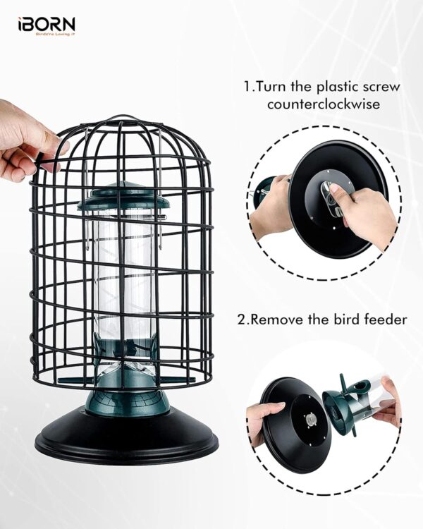 iBorn Squirrel Proof Bird Feeder with Squirrel, Pestoff Hanging Wild Bird Seed Feeder for Mix Seed Blends, Sunflower Heart, Birdbath, Heavy Duty All Metal Anti-UV Finishing, Green 8 Inch - Image 7