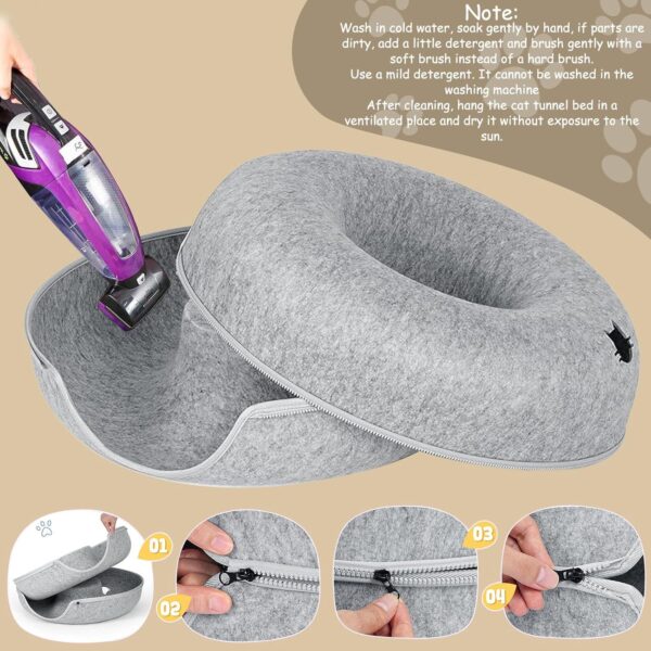 KunpengZen Cat Tunnel, Fun Hiding Tent Cat Tunnels for Indoor Cats, Zipper Design Felt Cat Donut Cave Dog Tunnel Bed 50cm for Small Pets Up to 4 kg, Kittens, Rabbit, Small Dogs (Light Grey) - Image 6