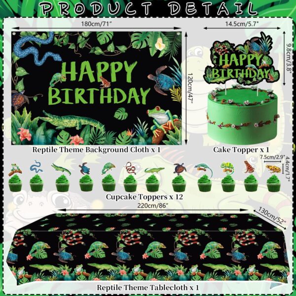 Reptile Birthday Party Supplies, Including Includes Happy Birthday Backdrop, Balloons, Cake Topper, Gift Bags, Tablecloth, for Kids Boys Birthday Jungle Party Decor (Backdrop) - Image 3