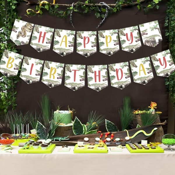 Fangleland Reptile Happy Birthday Banner Decorations - Reptile Themed Hanging Decors Bday Celebration Party Supplies, Snake Alligator Lizard Banner for Boy’s First 2nd Birthday Party - Image 2