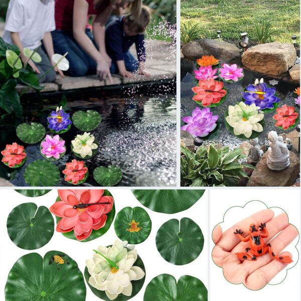ZHIQIN 26 Pieces Floating Pond Plants Set Artificial Lotus Floating Water Lilies with Artificial dragonfly frog Lotus Leaves for Pond Fountain Garden Pool Fish Pond Aquarium Decoration - Image 4