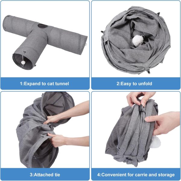 Ownpets Cat Tunnel, Large 3 Way Pet Tunnel with Sturdy Oxford Fabric, Foldable and Resistant to Tearing, Featuring Multiple Exits, Hanging Ball and Teaser Wand，Diameter 30CM - Image 4