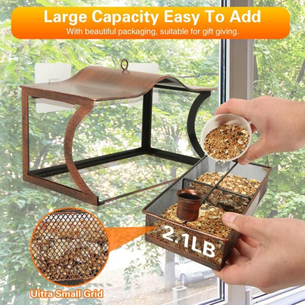 Window Bird Feeder, Metal Window Bird Feeder with Strong Suction Cups, Bird Feeders for Small Birds, Removable Tray with 2 Water Cups, Easy Clean and Fill - Image 2