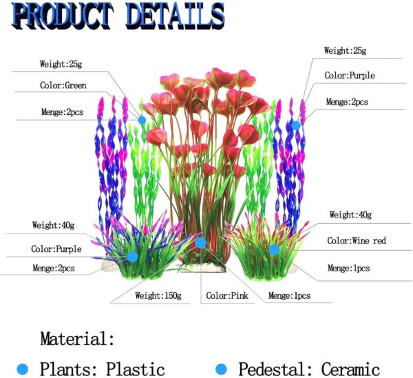 QIODAZOO Fish Tank Plants Artificial, 7 PCS Fish Artificial Aquatic Plants in Plastic Large Aquarium Decorations, Aquarium Vivid Plants Ornaments Colorful - Image 2