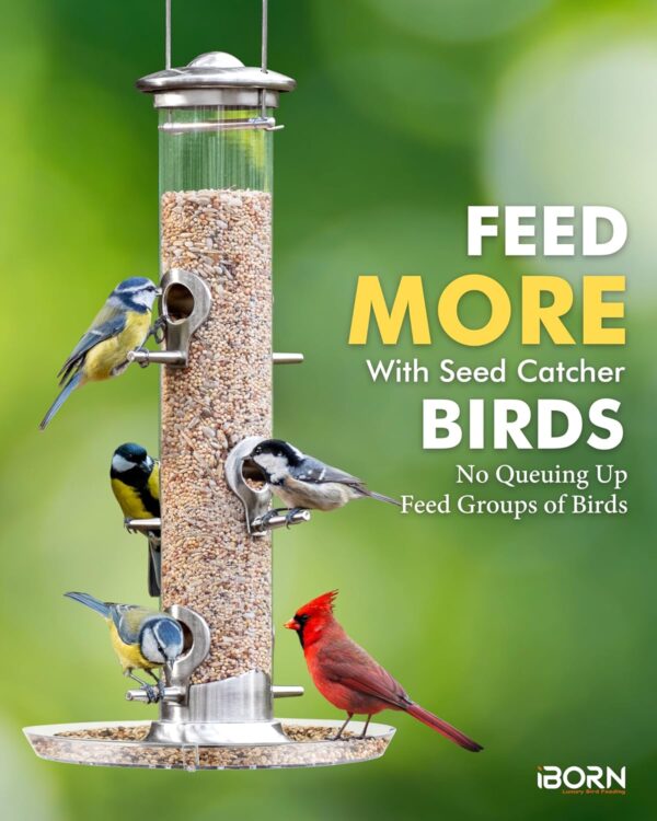 iBorn Bird Feeders Seed Catcher for Outside Hanging 6 Port Bird Feeder for Cardinal Birds Aluminium Metal,Brushed Nickle Finishing 14 Inch 6 Port (Seed is not Included) - Image 3