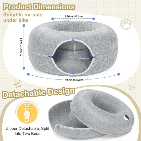 KunpengZen Cat Tunnel, Fun Hiding Tent Cat Tunnels for Indoor Cats, Zipper Design Felt Cat Donut Cave Dog Tunnel Bed 50cm for Small Pets Up to 4 kg, Kittens, Rabbit, Small Dogs (Light Grey) - Image 2