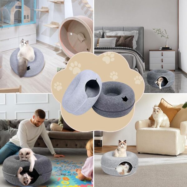 KunpengZen Cat Tunnel, Fun Hiding Tent Cat Tunnels for Indoor Cats, Zipper Design Felt Cat Donut Cave Dog Tunnel Bed 50cm for Small Pets Up to 4 kg, Kittens, Rabbit, Small Dogs (Light Grey) - Image 7