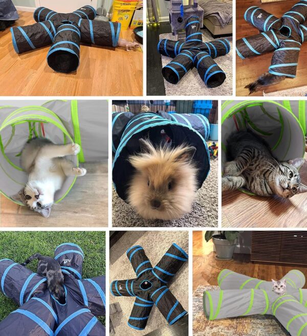 Pawaboo Cat Toys, Cat Tunnel Tube 5 Way Tunnels 25x53cm Extensible Collapsible Cat Play Tent Interactive Toy Maze Cat House with Balls and Bells for Cat Kitten Kitty Rabbit Small Animal, Grey+Green - Image 2