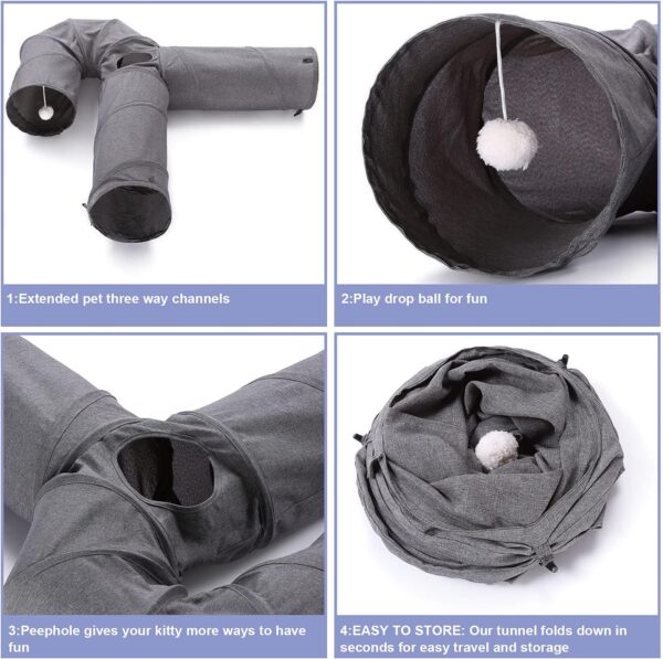Ownpets Cat Tunnel, 3 Way Cat Tunnel, Cat Tunnel Fabric with Ball and Cat Teaser, Expandable and Foldable Cat Tunnel, Play Tunnel for Cat, Puppy, Rabbit, Grey - Image 7