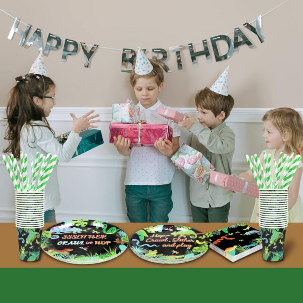 Reptile Party Supplies Decorations, Jungle Lizard and Snake Theme Birthday Paper Plates and Napkins Set with Cups and Straws for 24 Guests, 120 Pcs Disposable Party Dessert Dinnerwares - Image 5