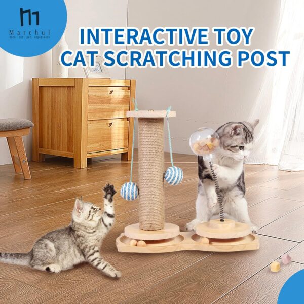 Marchul 4 in1 Interactive Cat Toy, Cat Scratching Post with Hanging Ball, Cat Food Treat Toy for Indoor Cats and Kittens with Wooden Track Balls, Kitten Sisal Scratcher Toy with Cat Treat Dispenser - Image 2
