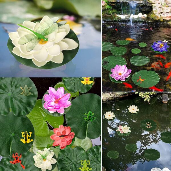 ZHIQIN 26 Pieces Floating Pond Plants Set Artificial Lotus Floating Water Lilies with Artificial dragonfly frog Lotus Leaves for Pond Fountain Garden Pool Fish Pond Aquarium Decoration - Image 5