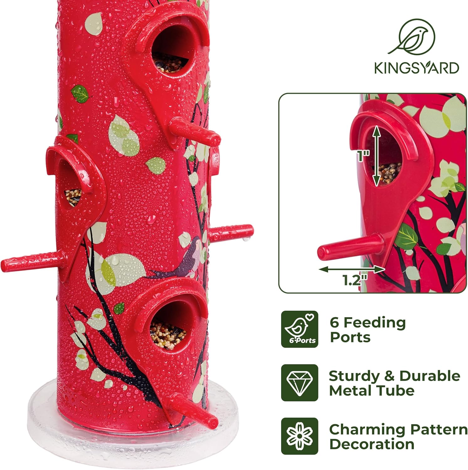 Kingsyard Tube Bird Feeders for Outdoors Hanging, 6-Ports Metal Bird Feeder, 14 inch, Durable & Weatherproof, Large Capacity for Attracting Wild Birds (Red) - Image 3