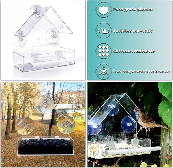 Window Bird Feeder with Strong Suction Cups,Bird Feeding Station,Clear Acrylic Hanging Bird Feeder with 3 Strong Extra Suction Cups and Seed Tray for Small Birds Decorate Your House - Image 2