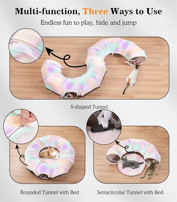 Pawaboo Cat Tunnel with Cat Bed for Indoor Cats, Cat Tube Collapsible Playground Toys, Interactive Cat Cave Hideout Foldable Indoor Toys for Small Medium Large Cat, Puppy, Rabbit, Ferret - Image 3