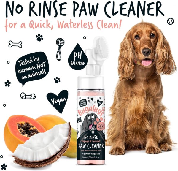 Bugalugs Dog Paw Cleaner No Rinse Foam Cat & Dog shampoo with Silicone Brush Head, waterless grooming products. Travel friendly paw cleaner for dogs defeat muddy paws on the go (Papaya & Coconut) - Image 5