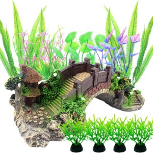 Aquarium Ornament Plants with Resin Arch Bridge, 13pcs Green Aquariums Plants Plastic and Aquarium Decorative Pavilion Tree Bridge for Fish Tank Ornament Decoration