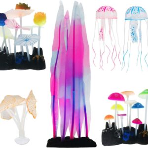 Cayway 6 Pack Aquarium Fish Tank Ornament Glowing Simulation Coral Plant Ornaments Glowing Silicone Aquarium Ornaments Mushroom Lotus for Fish Tank, Aquarium Landscape