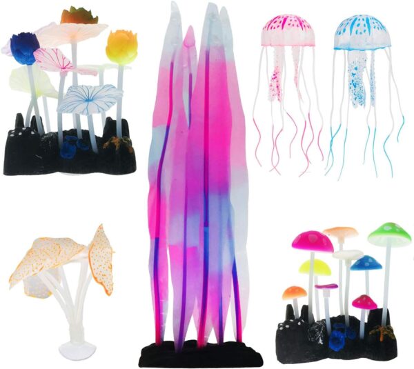 Cayway 6 Pack Aquarium Fish Tank Ornament Glowing Simulation Coral Plant Ornaments Glowing Silicone Aquarium Ornaments Mushroom Lotus for Fish Tank, Aquarium Landscape