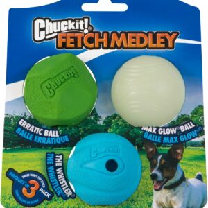 ChuckIt! Fetch Medley Gen 1 Rubber Dog Balls, The Whistler, Max Glow & Rebounce Balls for Dogs, Durable High Bounce Launcher Compatible Dog Toy, Small, 3 Pack