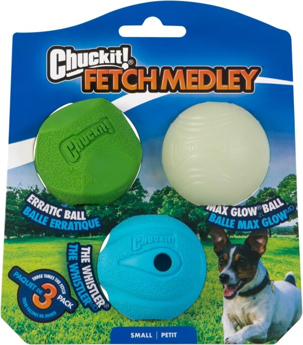 ChuckIt! Fetch Medley Gen 1 Rubber Dog Balls, The Whistler, Max Glow & Rebounce Balls for Dogs, Durable High Bounce Launcher Compatible Dog Toy, Small, 3 Pack
