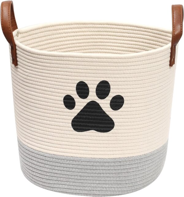 Cotton rope dog toy basket, puppy toy basket, puppy bins, laundry basket blanket storage bin - Perfect for organizing pet toys, blankets, leashes - Beige Gray