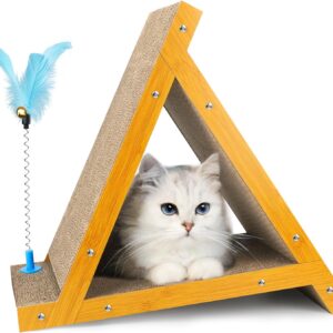 EnjoyNest Cat Scratching Pads, Triangle Cat Scratching Board, Sturdy Cat Toys for Indoor Cats, 6 Sides Available, Replaceable Cardboard, Durable Cat Scratch with Cat Wand & Catnip