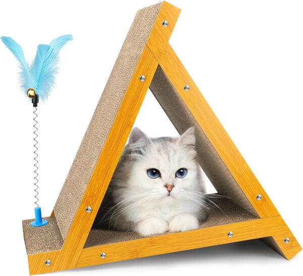 EnjoyNest Cat Scratching Pads, Triangle Cat Scratching Board, Sturdy Cat Toys for Indoor Cats, 6 Sides Available, Replaceable Cardboard, Durable Cat Scratch with Cat Wand & Catnip