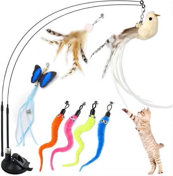 GIAPINST Cat Feather Toys, Interactive Cat Toy for Indoor Cats, Cat Teaser Wand With Suction Cup, 7 Replacement Toys With Bell for Kitten Playing Training Hunting Exercising