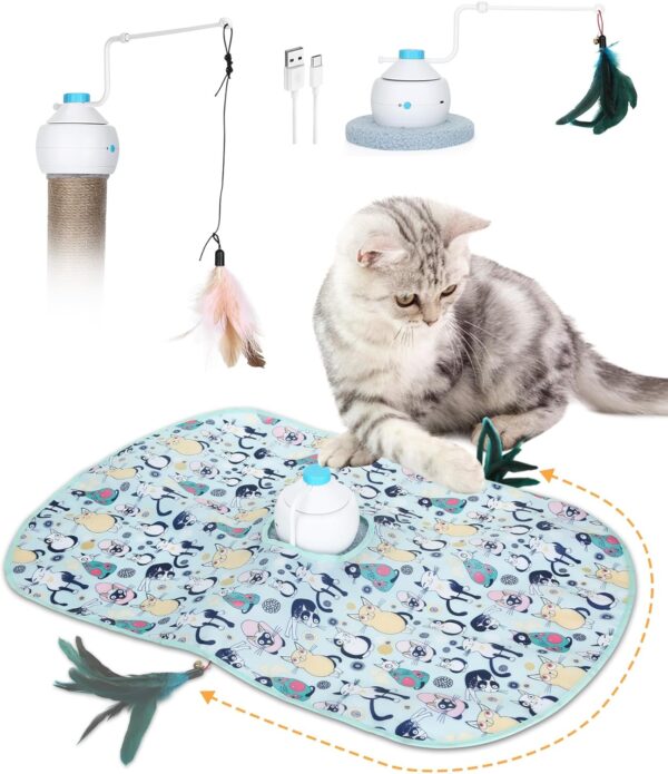 HAPPY HACHI 3 in1 Interactive Cat Toys For Indoor Cats Adult,3 Modes Automatic Cat Toys Kitten, 360°Irregular Rotation-USB Rechargeable Cat Feather Toy Exercise Catcher Hunting