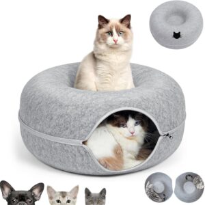 KunpengZen Cat Tunnel, Fun Hiding Tent Cat Tunnels for Indoor Cats, Zipper Design Felt Cat Donut Cave Dog Tunnel Bed 50cm for Small Pets Up to 4 kg, Kittens, Rabbit, Small Dogs (Light Grey)