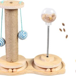 Marchul 4 in1 Interactive Cat Toy, Cat Scratching Post with Hanging Ball, Cat Food Treat Toy for Indoor Cats and Kittens with Wooden Track Balls, Kitten Sisal Scratcher Toy with Cat Treat Dispenser
