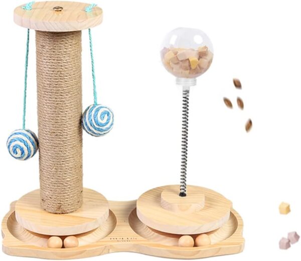 Marchul 4 in1 Interactive Cat Toy, Cat Scratching Post with Hanging Ball, Cat Food Treat Toy for Indoor Cats and Kittens with Wooden Track Balls, Kitten Sisal Scratcher Toy with Cat Treat Dispenser
