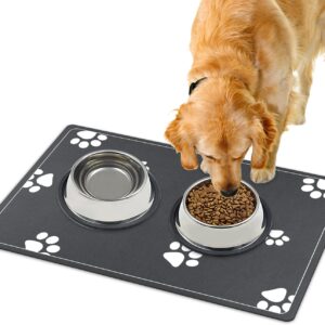 Mavicen Pet Feeding Mat, 30 * 50cm Super Absorbent Feeding Mats for Dogs, Dog Bowl Mat for Food and Water, Dark Grey (Multi-paws Pattern)