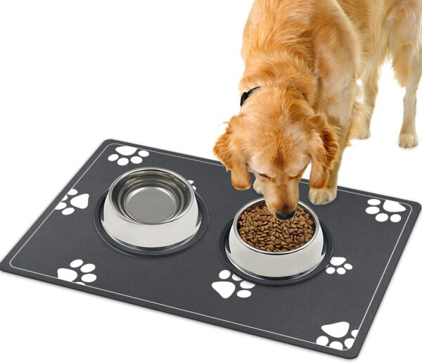 Mavicen Pet Feeding Mat, 30 * 50cm Super Absorbent Feeding Mats for Dogs, Dog Bowl Mat for Food and Water, Dark Grey (Multi-paws Pattern)